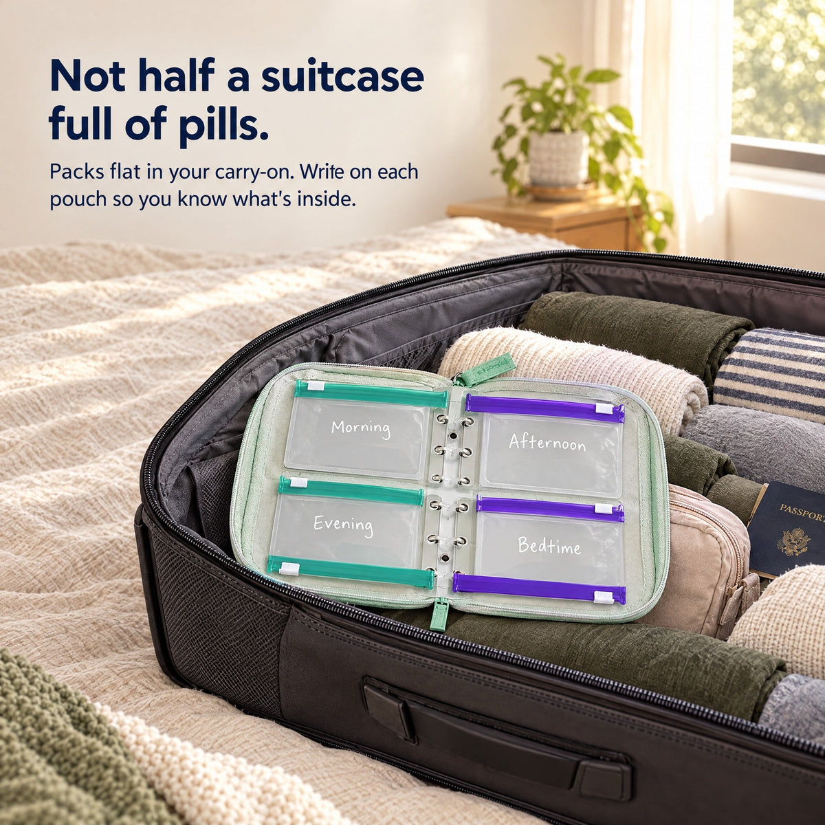 Open Daypouch case packed flat in a carry-on