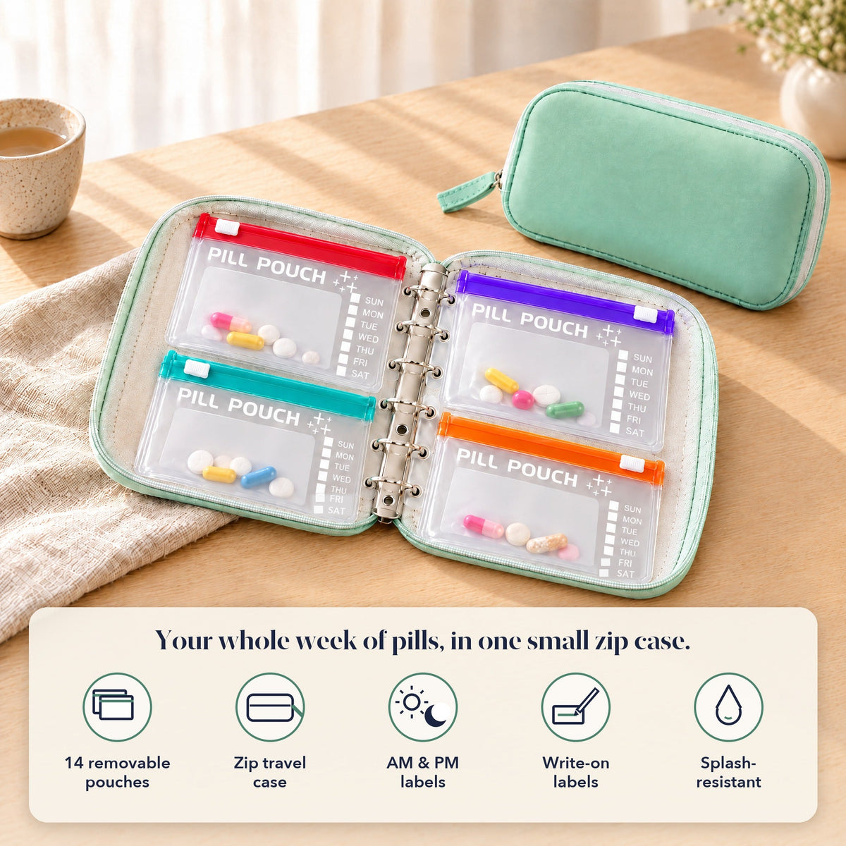 Daypouch weekly pill organizer: 14 removable pouches, zip travel case, AM and PM labels, write-on labels, splash-resistant