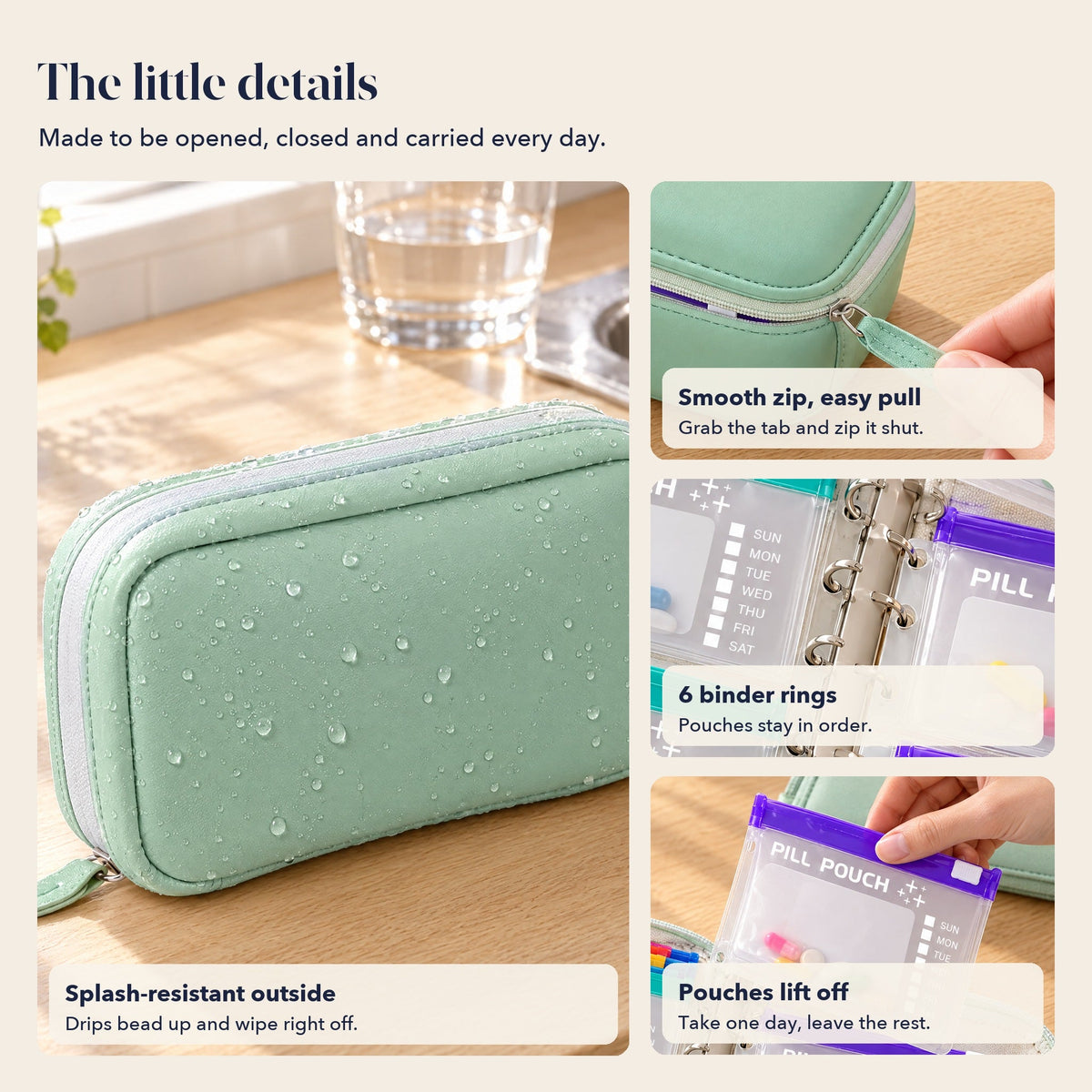Details: splash-resistant outside, smooth zip, 6 binder rings, pouches lift off