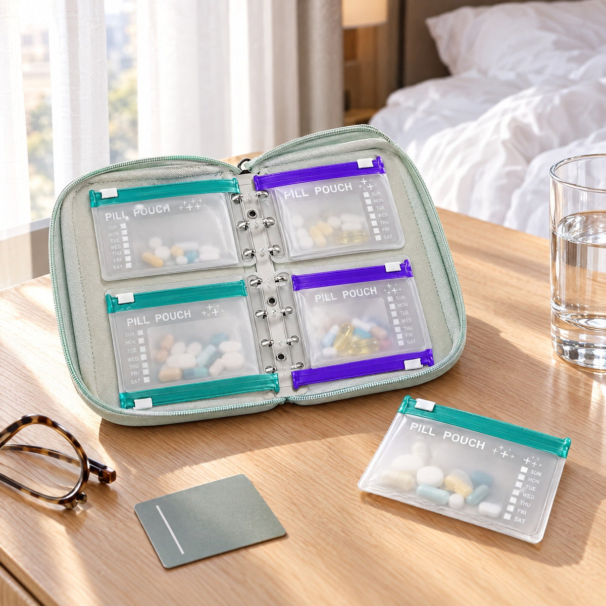Daypouch weekly pill organizer open on a hotel nightstand