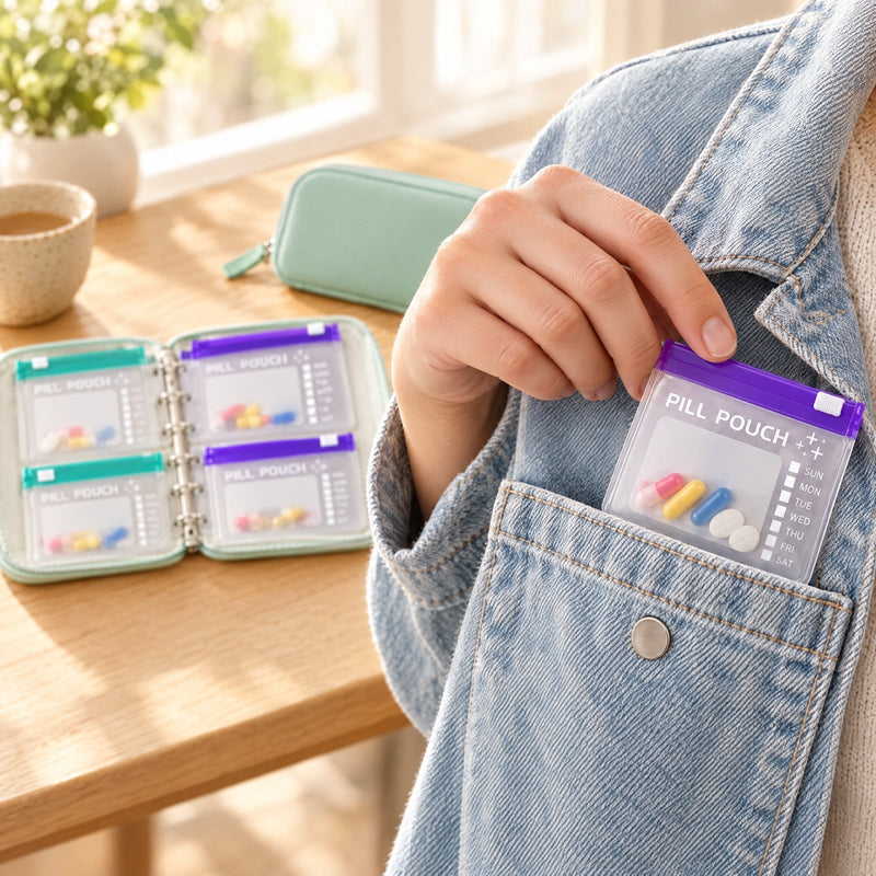 One pill pouch going into a jacket pocket